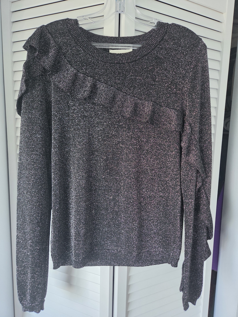 Ruffled Metallic Charcoal Crewneck Sweater